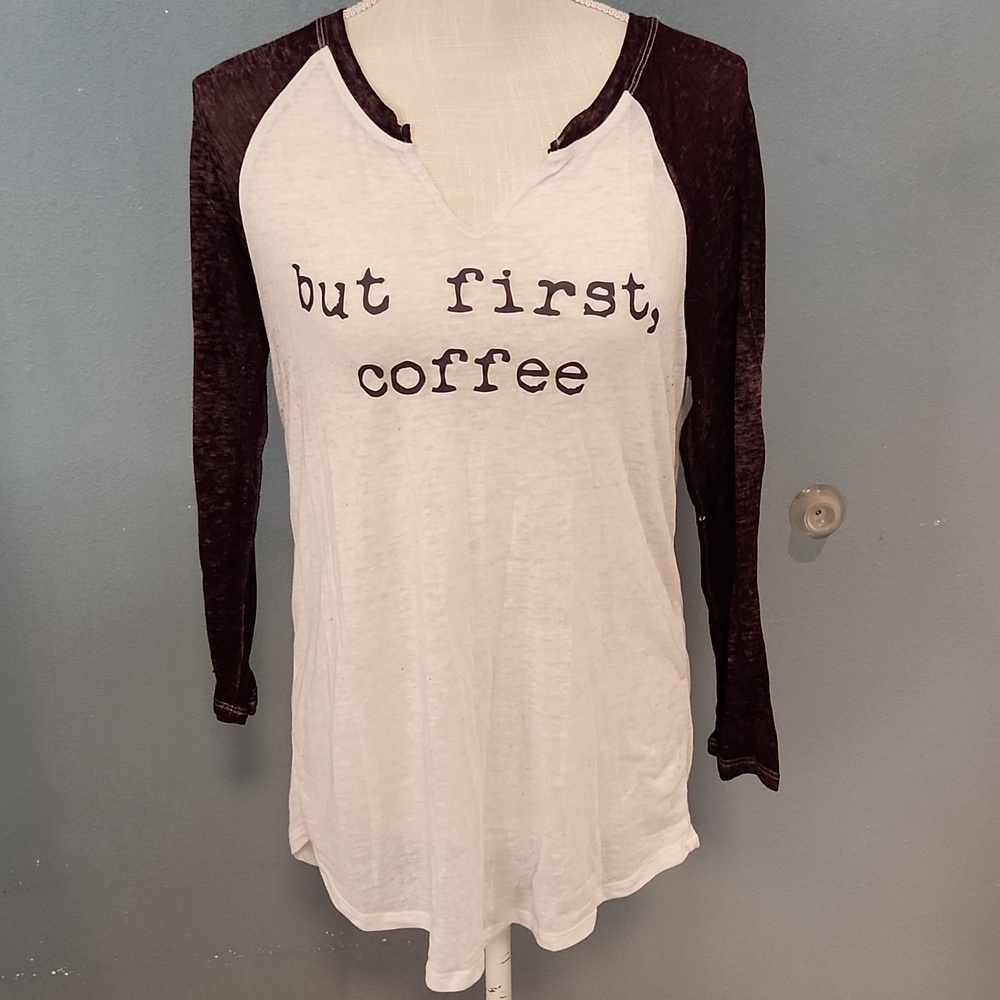CC colorblock sheer high low hem buttons first Coffee relaxed fit tunic …